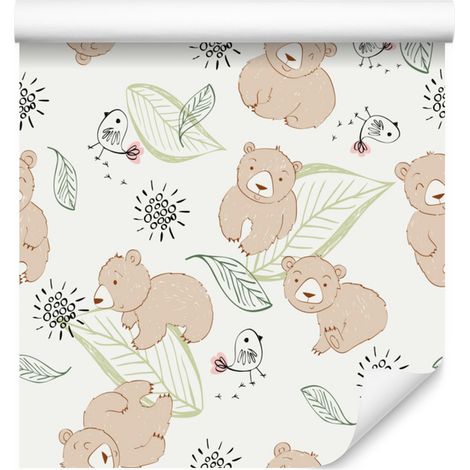 Carta da parati con simpatici orsetti e uccellini per soggiorno e camera da letto, 50x1000 cm (1/5)