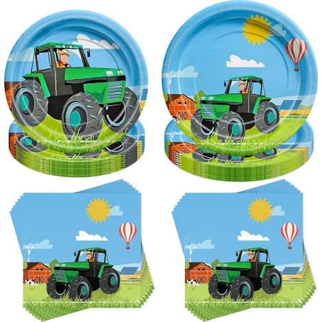 Lot de 40 pièces de vaisselle de fête au motif de tracteur, pour anniversaire, avec assiettes en carton, serviettes, pour fille, garçon, fête prénatale, mariage, pour 10 invités (1/5)