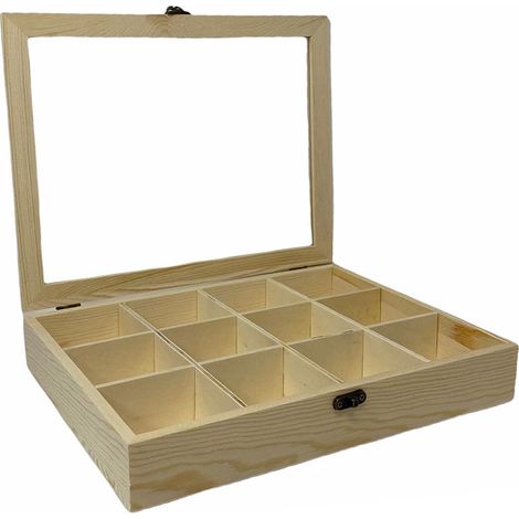 Bacheca in legno 12 posti con porta in vetro espositore vetrinetta minuterie da collezione decoupage 28x22x5cm (1/5)