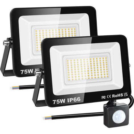2x 75W Projecteur d'extérieur Led Avec Detecteur de Mouvement, 7500 LM 3000K Blanche Chaud, IP66 étanche Éclairage de Sécurité Extérieur, Projecteur led de Patio Garage Terrasse Jardin