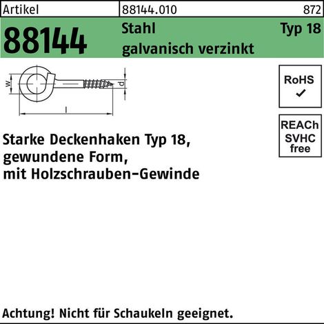 Starke Deckenhaken m. HolzGewinde St. Typ 18 9 x 140 gal Zn gal Zn S 20 Stk (1/2)