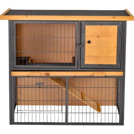 PawHut Clapier à lapin cage à lapin 2 niveaux 3 portes verrouillables rampe toit ouvrant bitûmé métal époxy pin pré-huilé