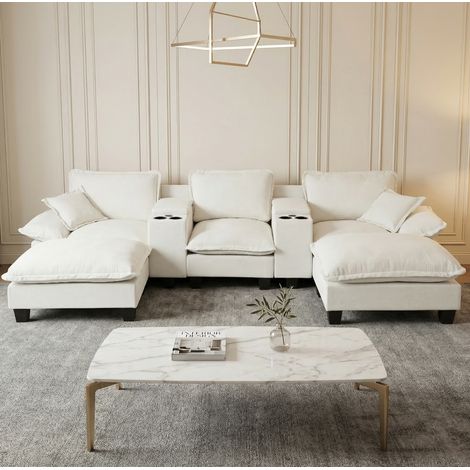 Divano modulare a U 323x151x90 cm, con portabicchieri, vani contenitore, porte USB, pouf, chenille beige (1/5)