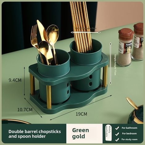 Porte-couteaux multifonctionnel, support de rangement pour couteaux et fourchettes (tube à baguettes double vert et or)