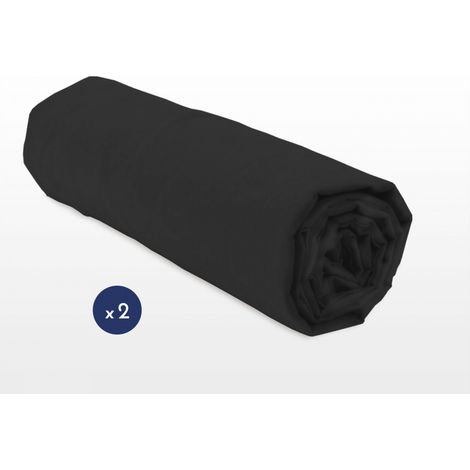 Lot de 2 draps housse uni coton 57 fils noir 90 x 190 cm bonnet 25 cm (1/3)