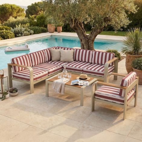 Salon 6 de jardin places en alu crème et bois, housse à rayures rouges