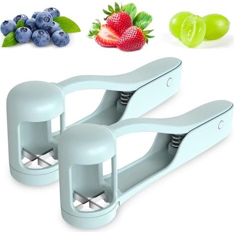 Cortador de uvas de 2 piezas, Corta en 4 trozos, Cortador de frutas de acero inoxidable, Cortador de tomates, fresas, cerezas y tomates, Azul (1/5)