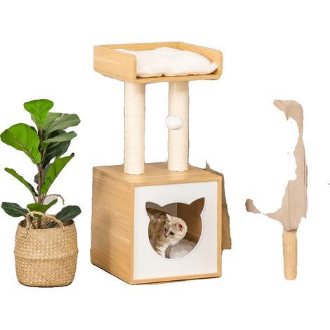 Árbol rascador para gatos, material de madera, 35 cm x 35 cm x 81 cm, doble nivel, incluye una cama con forma de cueva, apto para gatos. (1/5)