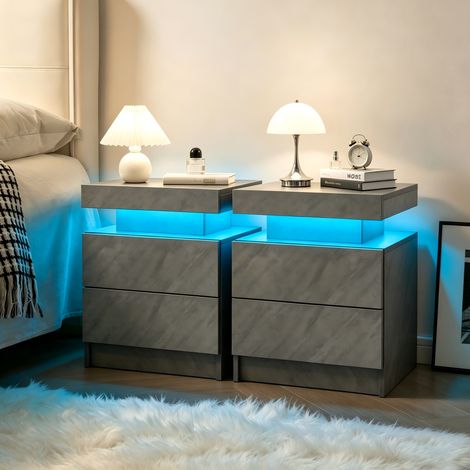 Juego de 2 mesitas de noche LED con 2 cajones y hueco abierto 49 x 34,8 x 52,1 cm gris oscuro (1/5)