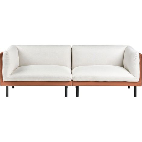 3 Seater Sofa Off-White and Brown Polyester Fabric Metal Black Legs Upholstered Living Room Furniture VORGOD