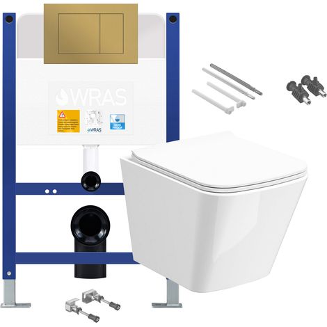 Gloss White Rimless Compact Square Wall Hung Toilet with Low Height 0.75m Concealed Cistern Frame Set - Brushed Gold Plate