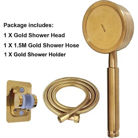 Ensemble doré de pommeau de douche en acier inoxydable résistant aux chutes et durable à haute pression pour salle de bain, avec douchette et système d'économie d'eau. (1/5)