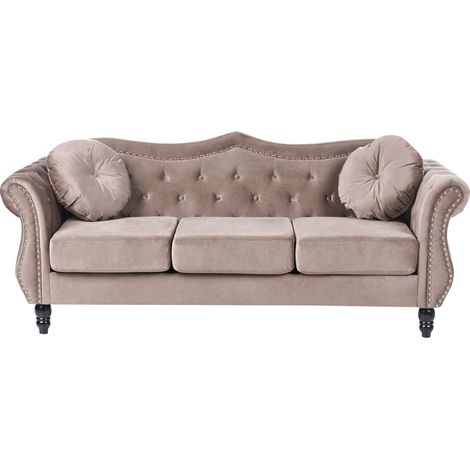 Sofa Taupe Velvet 3 Seater Nailhead Trim Button Tufted Throw Pillows Rolled Arms Glam SKIEN (1/5)