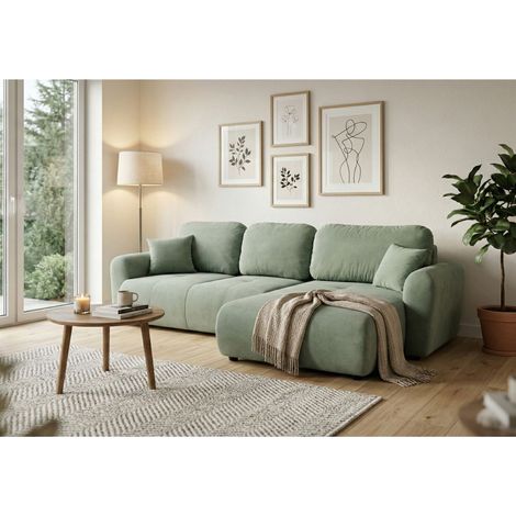 Ecksofa mit Schlaffunktion BRUSK MAX in Stoff Kronos Hellgrün Ottomane Rechts (1/5)