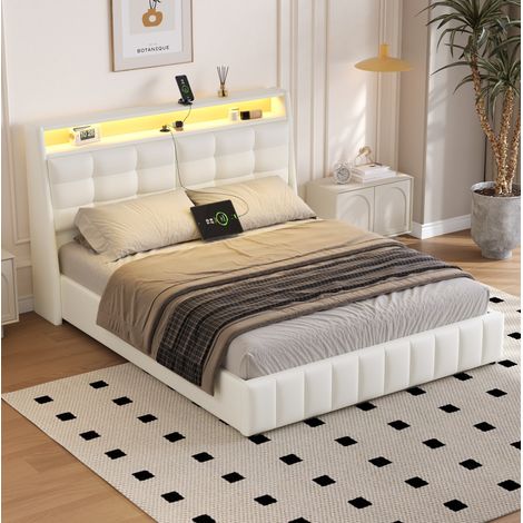 Cama tapizada moderna 160x200 cm blanca con cabecero regulable, LED laterales, USB y espacio de almacenaje (1/5)