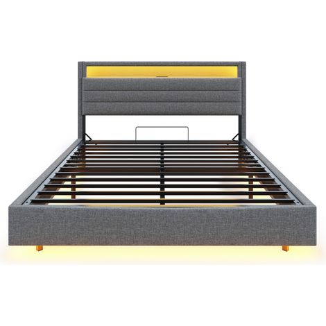 Cama tapizada 140x200 cm con almacenaje hidráulico, puerto USB e iluminación LED, gris (1/5)