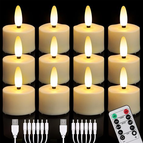 Lot de 12 Bougies LED Rechargeables USB avec Télécommande, électrique Chauffe Plat avec Minuterie, Flamme Vacillante, Blanc Chaud, Décoration pour Halloween Noël Maison (1/5)