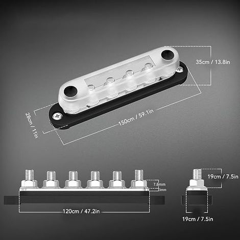 Barre Omnibus De Batterie,Bloc De Distribution De Bornes D'alimentation à 6 Canaux,Bloc de Distribution d'alimentation M8 150A DC 12-48V,Battery BusBar with Cover for Auto,Boat (1/4)