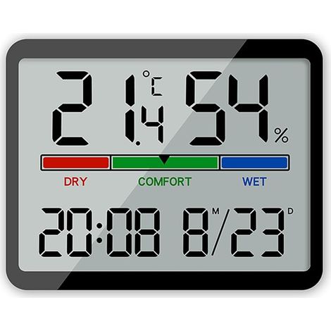 Hygromètre-Thermomètre numérique d'intérieur précis - Écran LCD grand - Thermomètre avec horloge - Pour serre et maison - Noir (1/5)