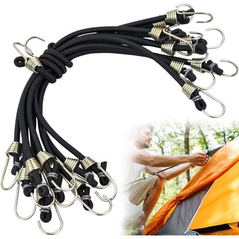 Lot de 10 sandows de bagage 25 cm avec crochets, cordons élastiques rapides pour vélo, tente, bagages et activités extérieures, noir (1/5)