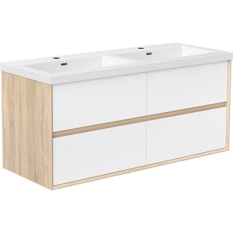 OCEAN Ensemble Meuble de salle de Bain Suspendu 120cm avec Vasque, 4 Tiroirs, Blanc + Chêne, Prêt à Assembler