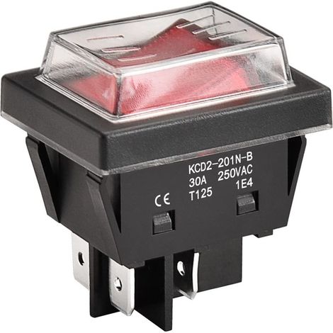 High current rocker switch, 30A 250VAC, ON-OFF 2 positions, DPST, 4 terminals, T125, with waterproof cover (1, Red) (1/5)
