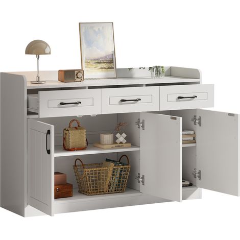 Buffet bas 120x35x80 cm, meuble de salon, console d'entrée avec 3 tiroirs et 3 portes, armoire à poignées et étagères réglables, charge totale recommandée 60 kg, design rayé, blanc. (1/5)