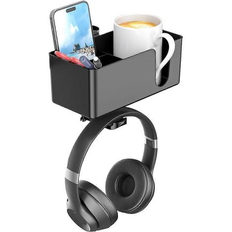 Porte-gobelet de bureau 4 en 1 - Support de casque à pince sous le bureau - Support de casque rotatif - Porte-stylo amovible (noir) (1/5)