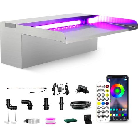 Contrôle par APP Bluetooth Cascade Piscine Fontaine, Lame d' Eau Piscine 30cm, Acier Inoxydable Rectangulaire Lame Fontaine Bassin avec LED 7 Couleurs, Cascade Bassin pour Jardin Exterieur