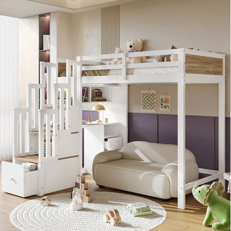 Letto a soppalco per bambini 90x200 in legno bianco con scrivania e contenitori FloraGrace (1/5)