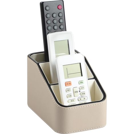 Caja organizadora de control remoto de cuero PU, pequeño organizador de escritorio para suministros de oficina, mesita de noche, mesa auxiliar o sofá, portalápices con 3 compartimentos (Beige)