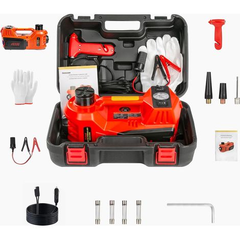 Cric hydraulique 4 en 1 pour voiture avec 5 t et portée de levage de 150 à 450 mm, kit cric électrique 12 V avec boîte à outils, pompe à pneus et LED, pour toutes les voitures et SUV (1/5)