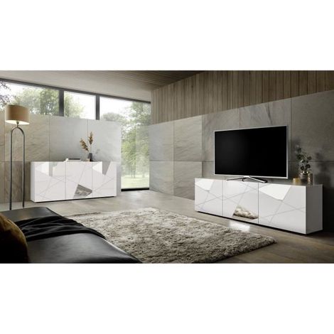 Ensemble séjour buffet 3 portes 181 cm – meuble TV 181 cm – finition laquée brillante anti-rayure – couleur blanc laqué avec sérigraphie miroir (1/5)
