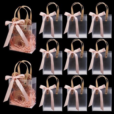 10 Packs Sachets Cadeaux Poignée Transparente 15x13x7cm Rectangle Sac Givré avec Ruban Rose Réutilisable Sacs Emballage Cadeau Plastique pour Mariage Demoiselle d'Honneur Invités Cadeau