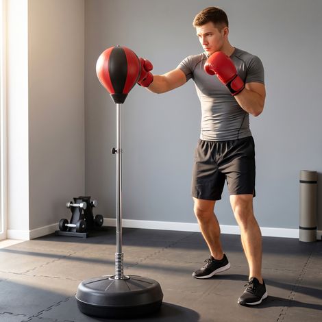 Sac de Frappe sur Pied Punching ball sur pied réglable en hauteur 126-144 cm avec gants, pompe et base de lestage pour adolescents et débutants noir et rouge (1/5)