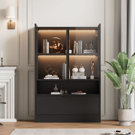 LED Vitrine schwarz matt mit App-Steuerung, Wohnzimmerschrank mit Glastüren, 120x80x35 cm (1/5)