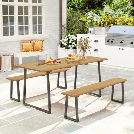 Set da giardino in legno e acciaio, 6 posti, naturale, tavolo da picnic con 2 panche e foro ombrellone (1/5)