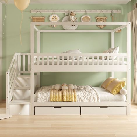 Lit Superposé Enfant 90x200 Bois Massif Blanc avec Barrière Sécurité et Rangement