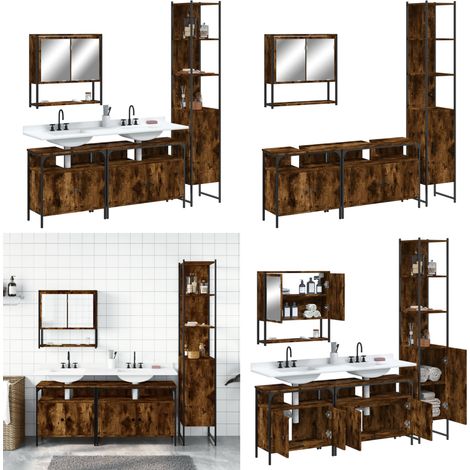 4-tlg. Badmöbel-Set Räuchereiche Holzwerkstoff - Spiegelschrank - Waschbeckenunterstuhl (1/5)