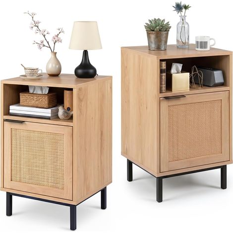 COSTWAY Lot de 2 Tables de Chevet Bois Rotin 40 x 35 x 65,5 cm, 2 (1/5)