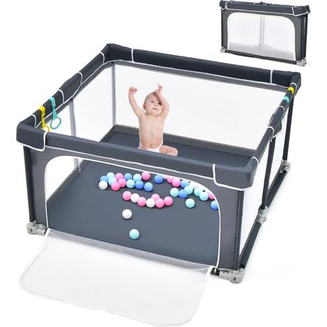 GOPLUS Parc Bébé 10 Mois à 6 Ans, Parc Bebe en maille avec Balles et 4 Anneaux, Centre D'activités de Parc Enfant, Idéal pour Intérieur et Extérieur,Gris Foncé (1/5)