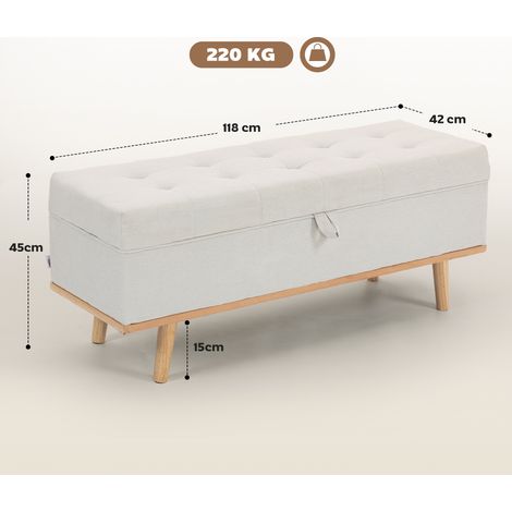 Banc de rangement recouvert de tissu 80L (pieds en bois, 118x42x45cm, crème) (1/4)