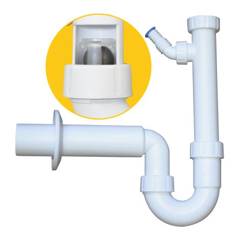 PP-Kugelverschlußsiphon 1 1/2" & 1 1/4", DN 50, weiss mit einem Geräteanschluss 1", 3/4" & 3/8"