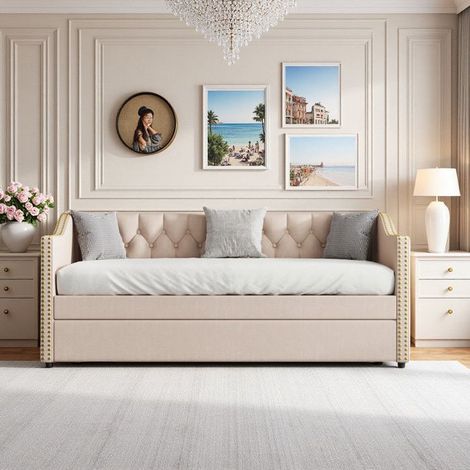 Sofá Cama - Espacio Pequeño - Lino Natural - Mecanismo de Cajón - 2 Plazas - Beige Provenzal