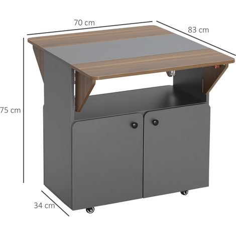 Tavolo/mobile pieghevole con due lati pieghevoli, vano contenitore, 4 ruote, grigio chiaro + marrone scuro, 70 x 83 x 75 cm