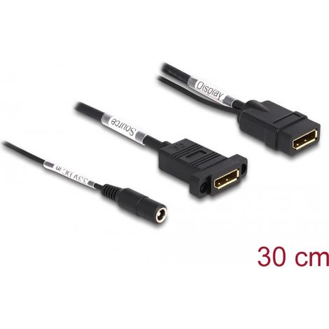Delock Cable DisplayPort 4K 60 Hz con alimentación CC 2,1 x 5,5 mm 0,30 m montaje en panel