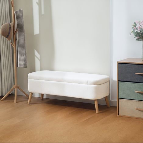 Banco de almacenamiento, con capacidad para 65 L, tejido de felpa tipo peluche, madera de caucho, 120 x 42 x 45 cm, blanco crema. (1/5)