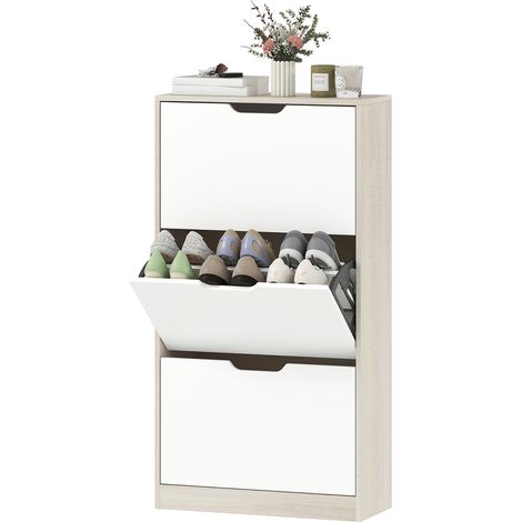 Meuble à chaussures étroit 3 portes battantes, étagère d'entrée 18 paires, 62,5 x 26 x 117,5 cm, chêne blanc (1/5)