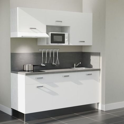 Kochnischen K30L-PT - 180 cm - Laminatplan, spüle Edelstahl, - Weiße Front - betongraue Laminatplatte - Kredenzen ja + Haushaltsgeräte weiß