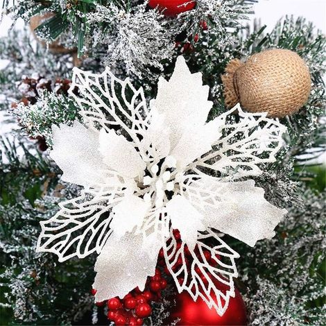 12 Pièces Décorations de Sapin de Noël à Paillettes, Décorations de Sapin de Noël en Plastique, Décorations de Fleurs de Noël, Pendentifs de Sapin de Noël (Blanc, 9 cm)